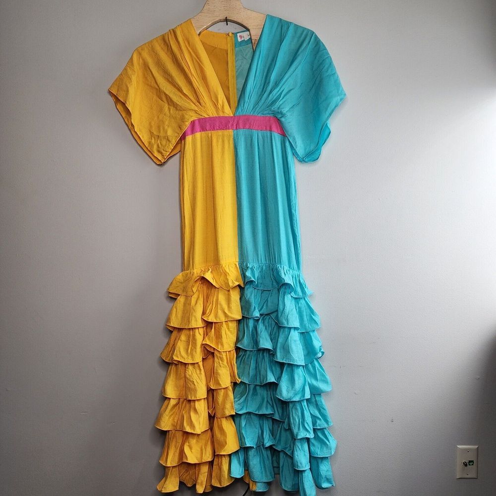 L'atiste By Amy Women's‎ Tropical Maxi Dress Size Large Blue Pink Yellow READ